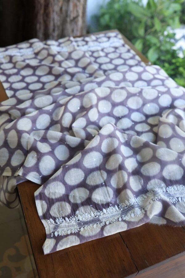 Grey & White Soft Cotton Printed Unstitched Kurta Dupatta Set with Chikankari & Sequin Work - Image 13