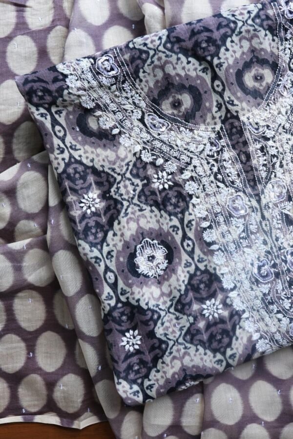 Grey & White Soft Cotton Printed Unstitched Kurta Dupatta Set with Chikankari & Sequin Work - Image 5