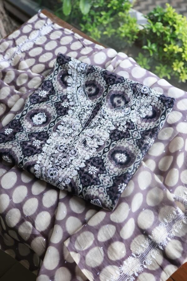 Grey & White Soft Cotton Printed Unstitched Kurta Dupatta Set with Chikankari & Sequin Work