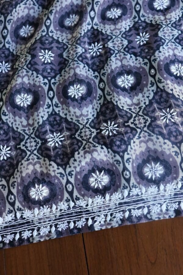 Grey & White Soft Cotton Printed Unstitched Kurta Dupatta Set with Chikankari & Sequin Work - Image 12