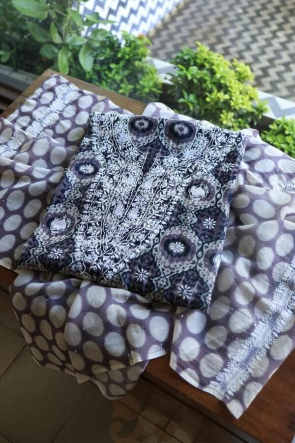 Grey & White Soft Cotton Printed Unstitched Kurta Dupatta Set with Chikankari & Sequin Work - Image 3