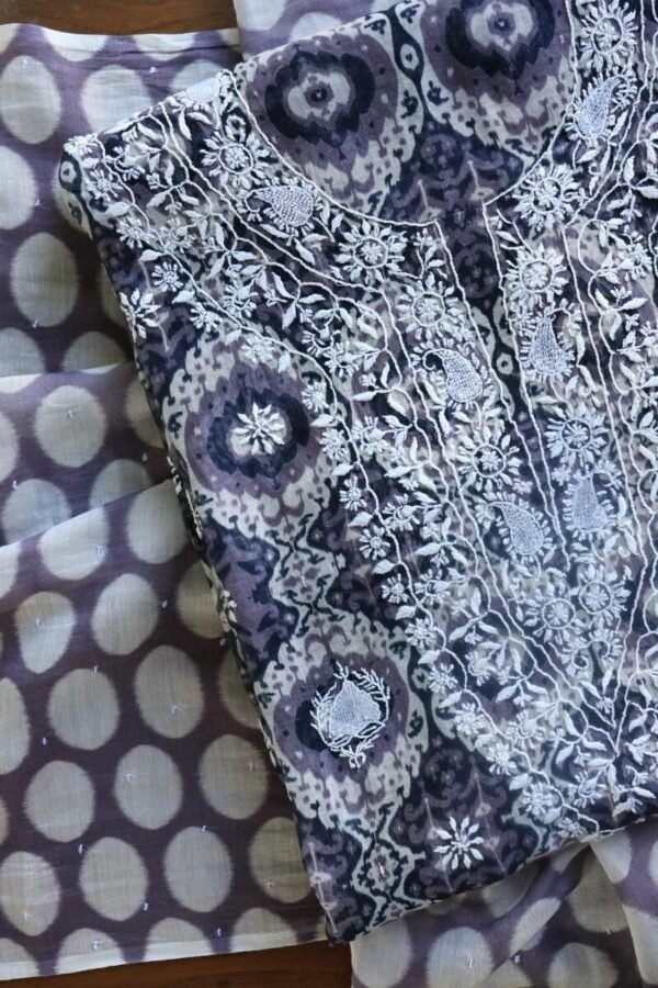 Grey & White Soft Cotton Printed Unstitched Kurta Dupatta Set with Chikankari & Sequin Work - Image 4