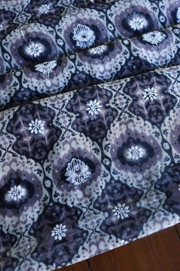 Grey & White Soft Cotton Printed Unstitched Kurta Dupatta Set with Chikankari & Sequin Work - Image 11