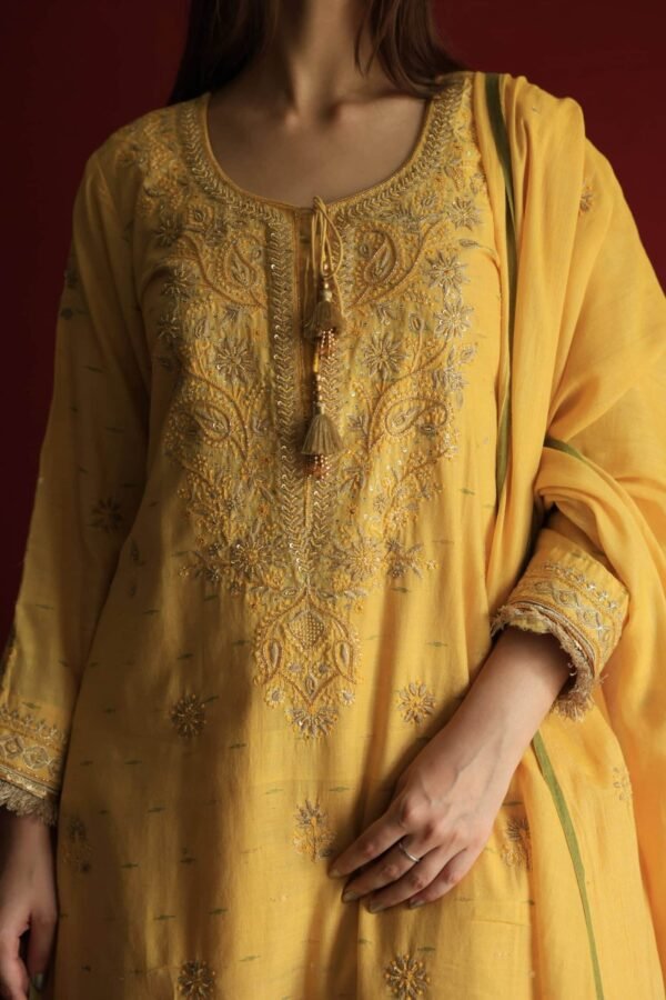 Gold Yellow Jamdani Ready To Wear Kurta Dupatta Set - Image 2