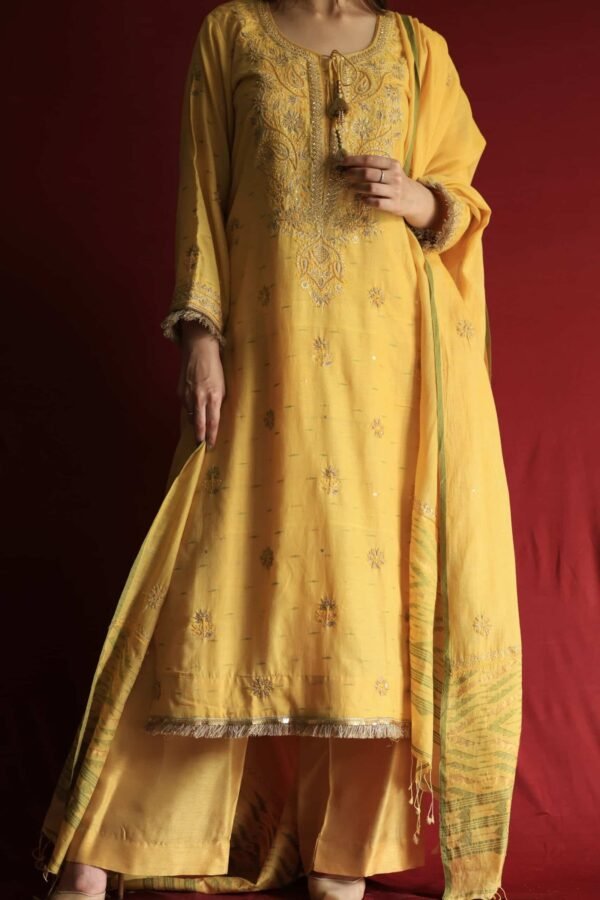 Gold Yellow Jamdani Ready To Wear Kurta Dupatta Set - Image 5
