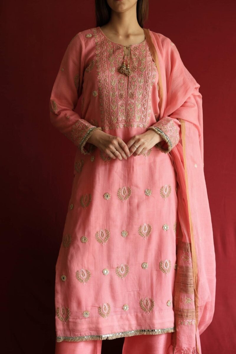 Lotus Pink Kota Mirror Chikankari Ready to Wear Kurta Set