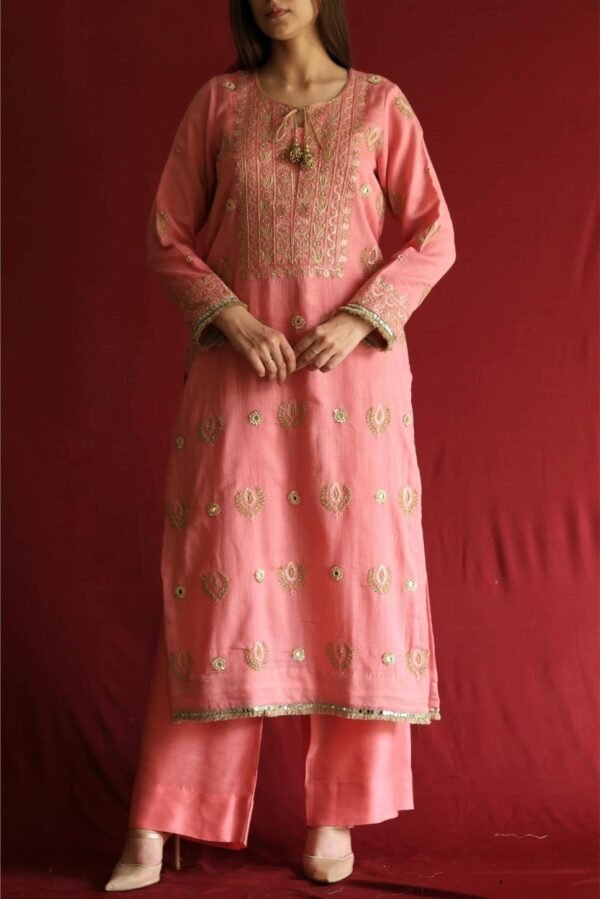 Lotus Pink Kota Mirror Chikankari Ready to Wear Kurta Set - Image 9