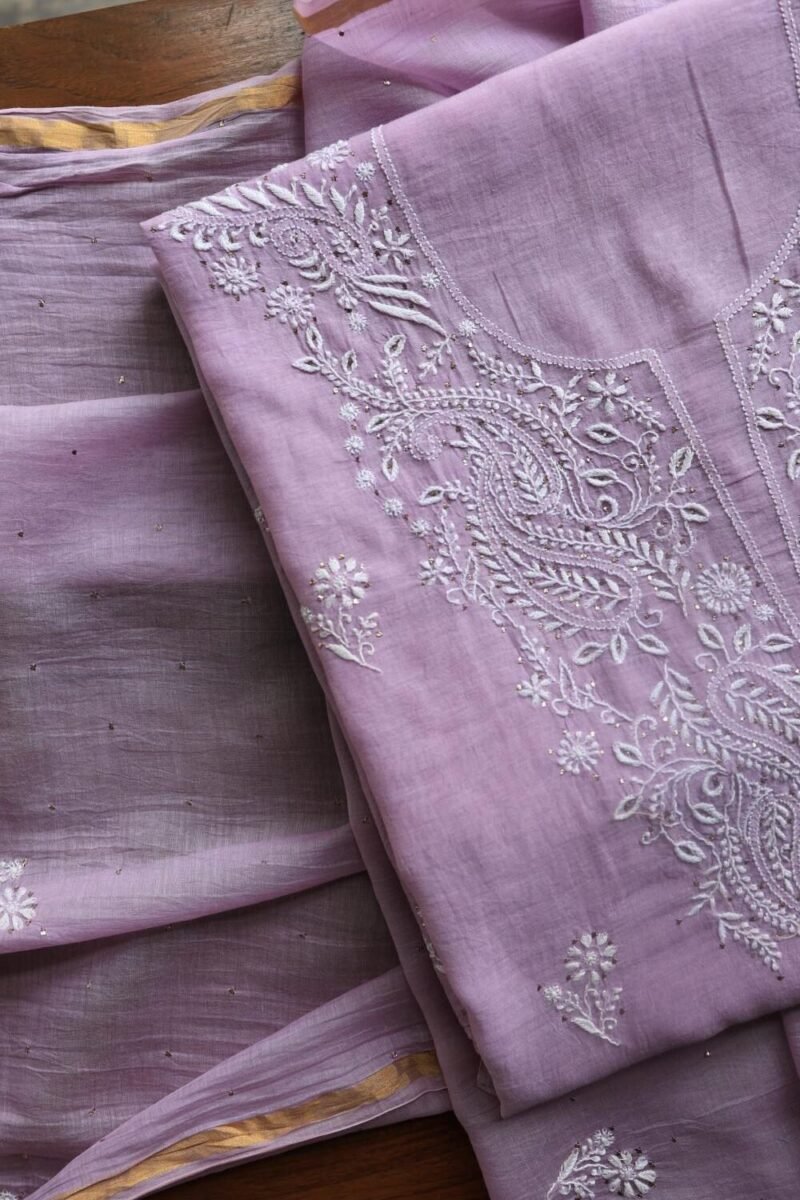 Lavender Mal Cotton Chikankari Unstitched Kurta Dupatta Fabrics With Kamdani