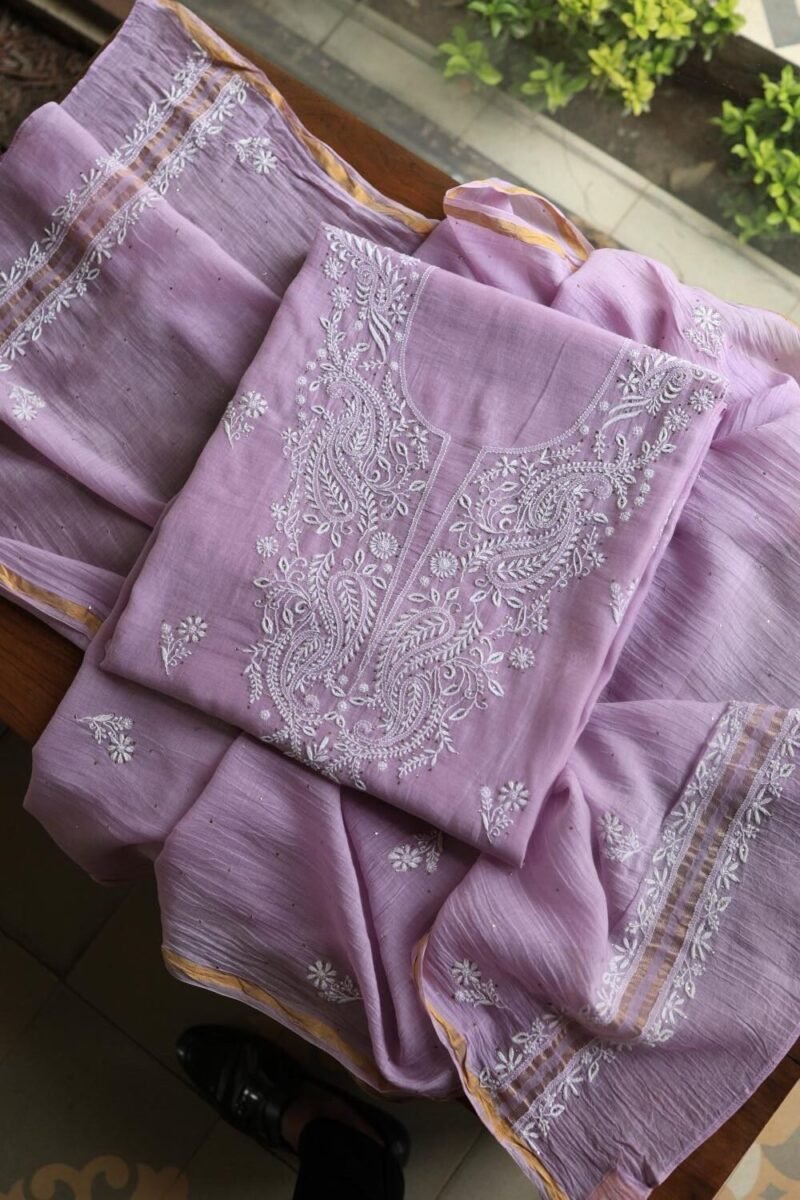 Lavender Mal Cotton Chikankari Unstitched Kurta Dupatta Fabrics With Kamdani