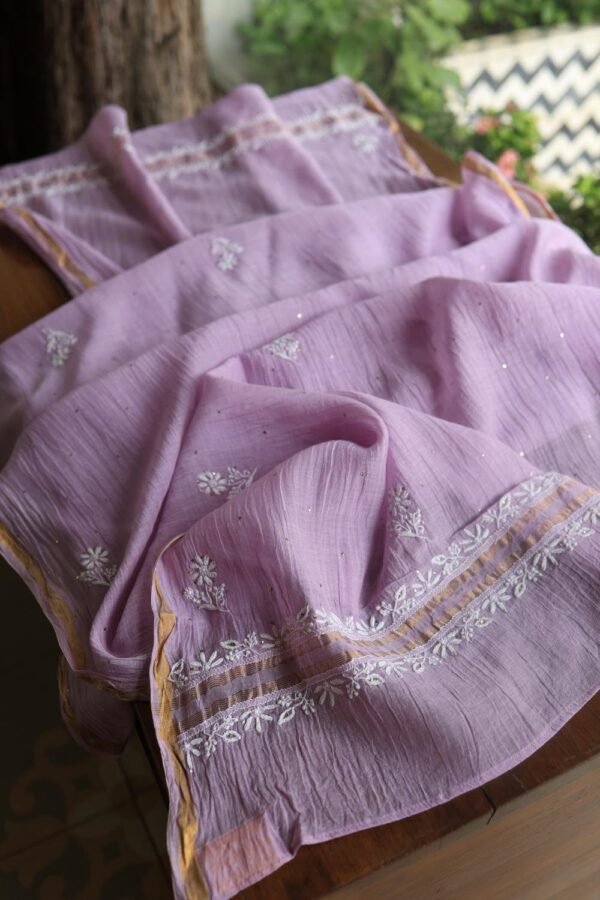 Lavender Mal Cotton Chikankari Unstitched Kurta Dupatta Fabrics With Kamdani - Image 12