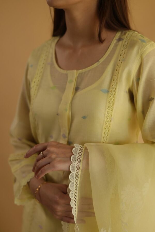 Lemon Yellow Jamdani X Chikankari Ready To Wear Kurta Dupatta Set - Image 2