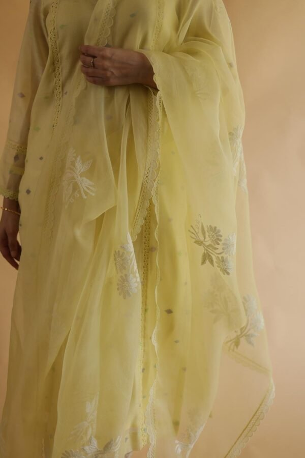Lemon Yellow Jamdani X Chikankari Ready To Wear Kurta Dupatta Set - Image 13