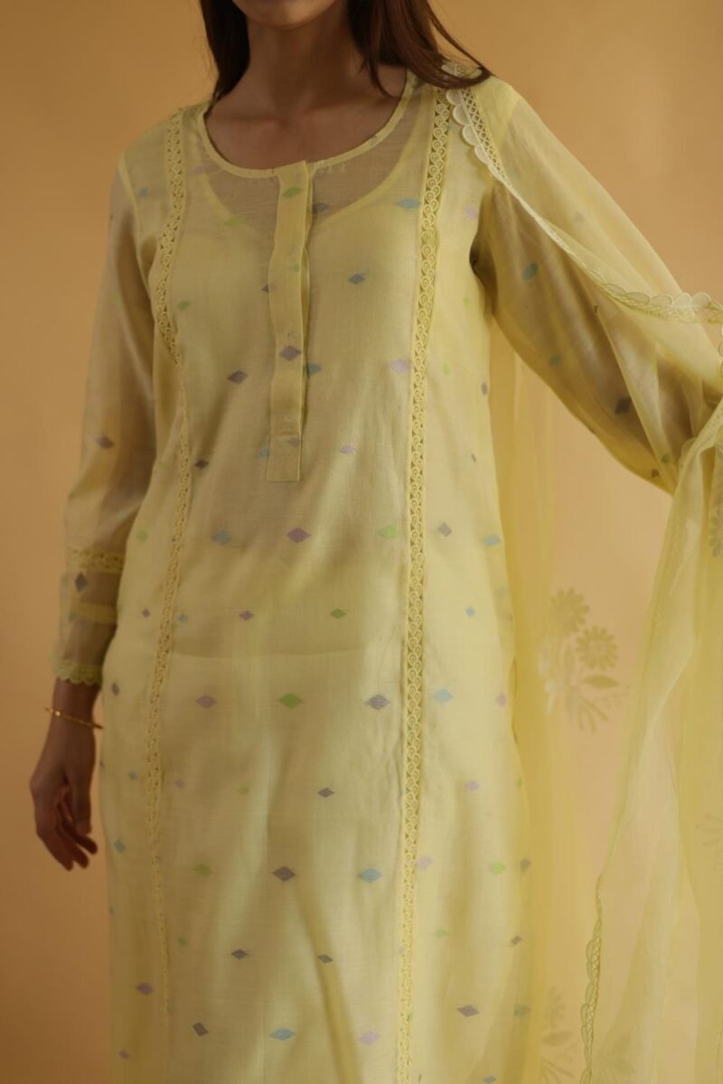 Lemon Yellow Jamdani X Chikankari Ready To Wear Kurta Dupatta Set
