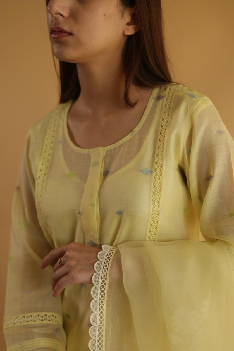 Lemon Yellow Jamdani X Chikankari Ready To Wear Kurta Dupatta Set