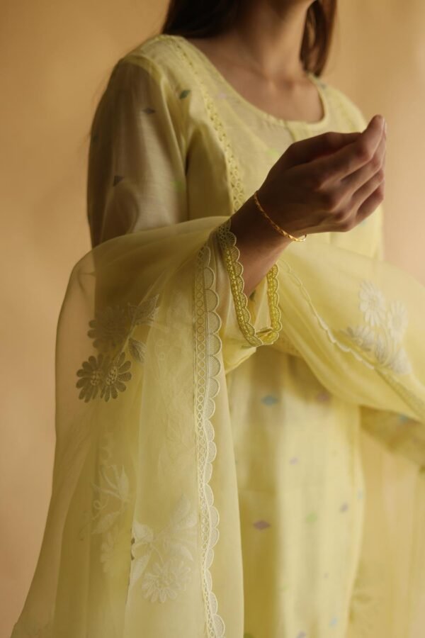 Lemon Yellow Jamdani X Chikankari Ready To Wear Kurta Dupatta Set - Image 4