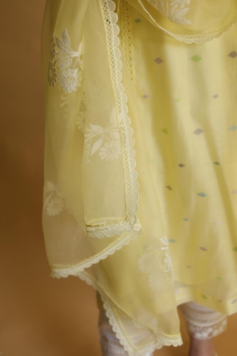Lemon Yellow Jamdani X Chikankari Ready To Wear Kurta Dupatta Set