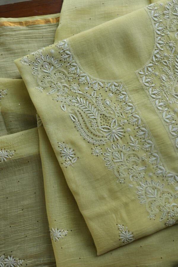 Lemon Yellow Mal Cotton Chikankari Unstitched Kurta Dupatta Fabrics With Kamdani - Image 7