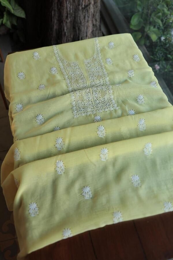 Lemon Yellow Mal Cotton Chikankari Unstitched Kurta Dupatta Fabrics With Kamdani - Image 3