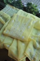 Lemon Yellow Mal Cotton Chikankari Unstitched Kurta Dupatta Fabrics With Kamdani
