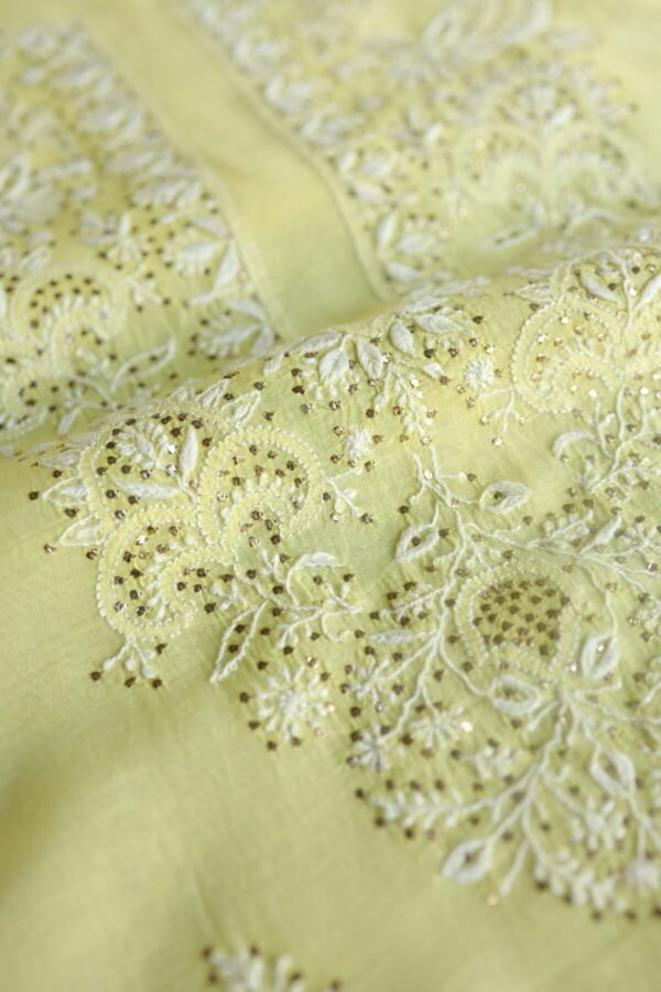 Lemon Yellow Mal Cotton Chikankari Unstitched Kurta Dupatta Fabrics With Kamdani - Image 8