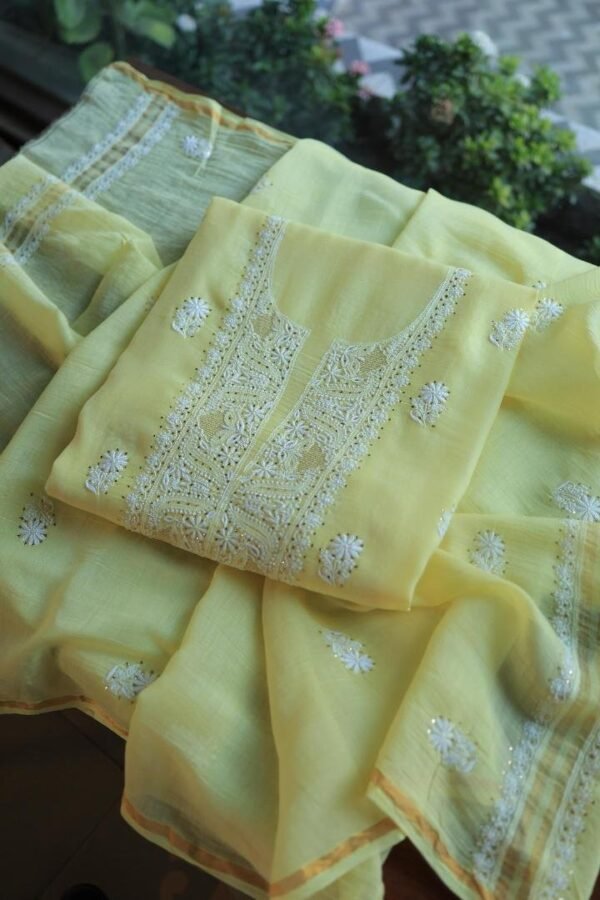 Lemon Yellow Mal Cotton Chikankari Unstitched Kurta Dupatta Fabrics With Kamdani - Image 11