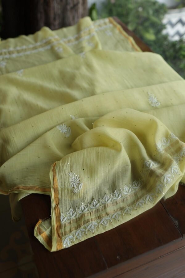 Lemon Yellow Mal Cotton Chikankari Unstitched Kurta Dupatta Fabrics With Kamdani - Image 13