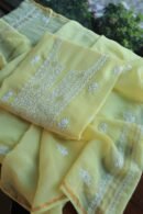 Lemon Yellow Mal Cotton Chikankari Unstitched Kurta Dupatta Fabrics With Kamdani