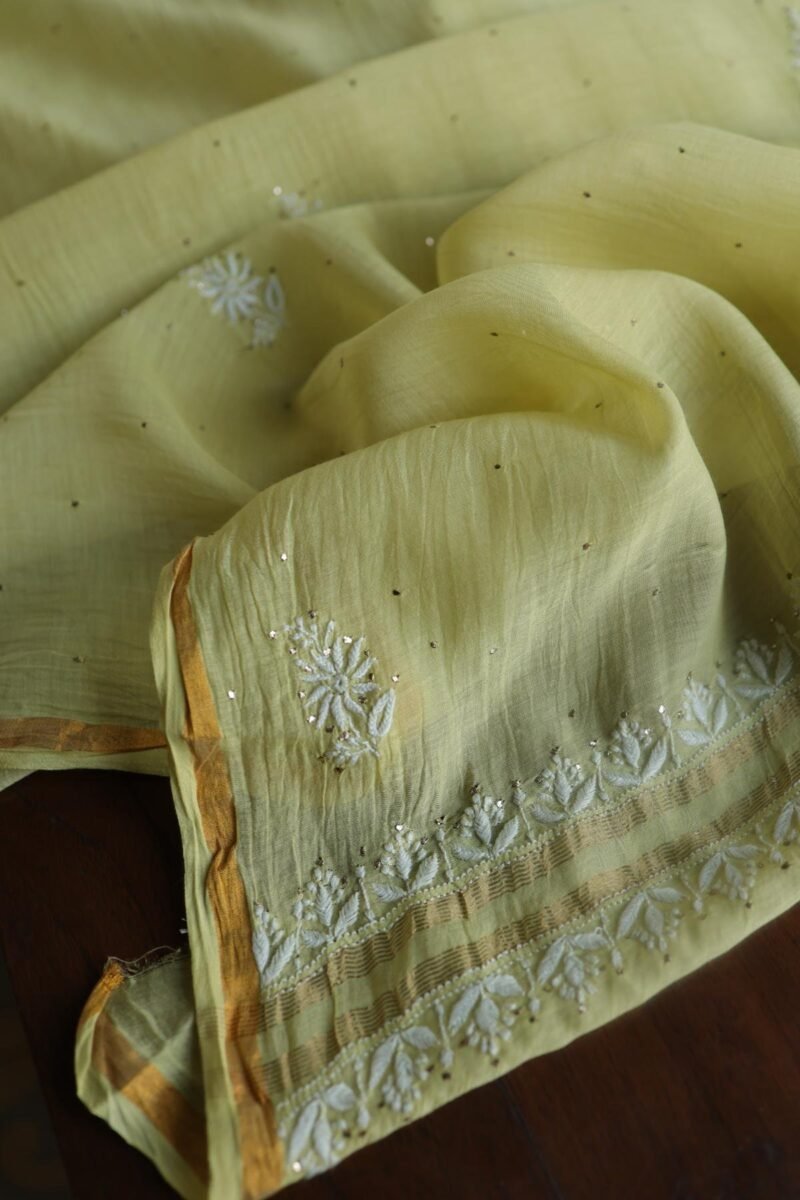 Lemon Yellow Mal Cotton Chikankari Unstitched Kurta Dupatta Fabrics With Kamdani