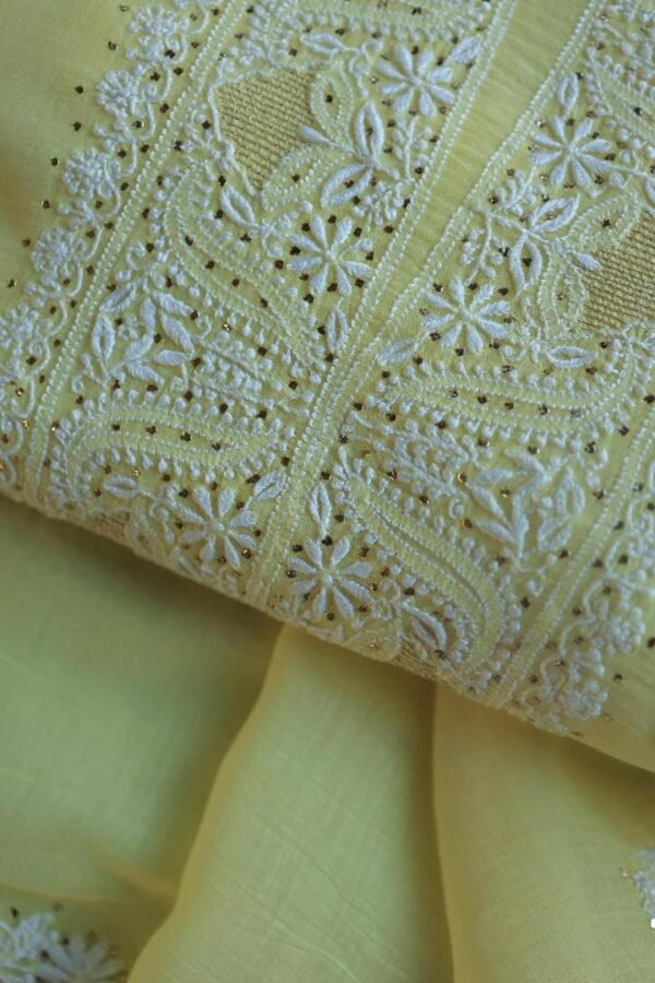 Lemon Yellow Mal Cotton Chikankari Unstitched Kurta Dupatta Fabrics With Kamdani - Image 2