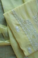 Lemon Yellow Mal Cotton Chikankari Unstitched Kurta Dupatta Fabrics With Kamdani