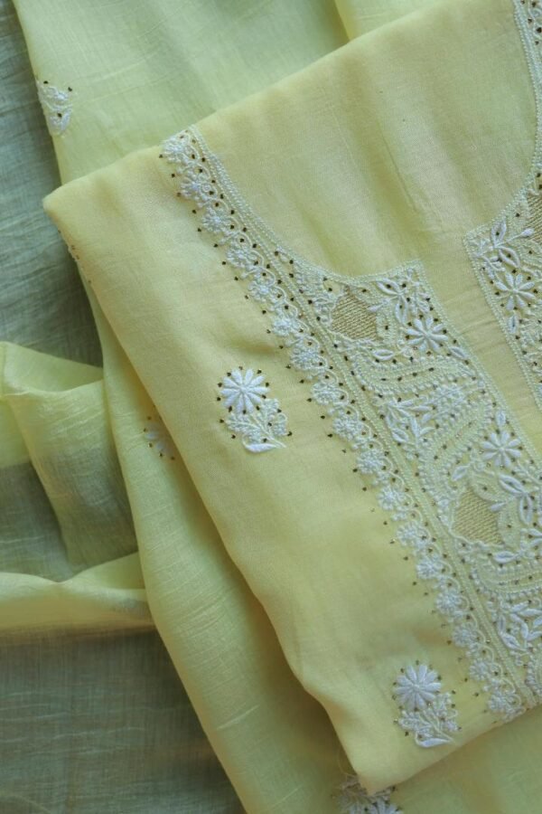Lemon Yellow Mal Cotton Chikankari Unstitched Kurta Dupatta Fabrics With Kamdani - Image 14