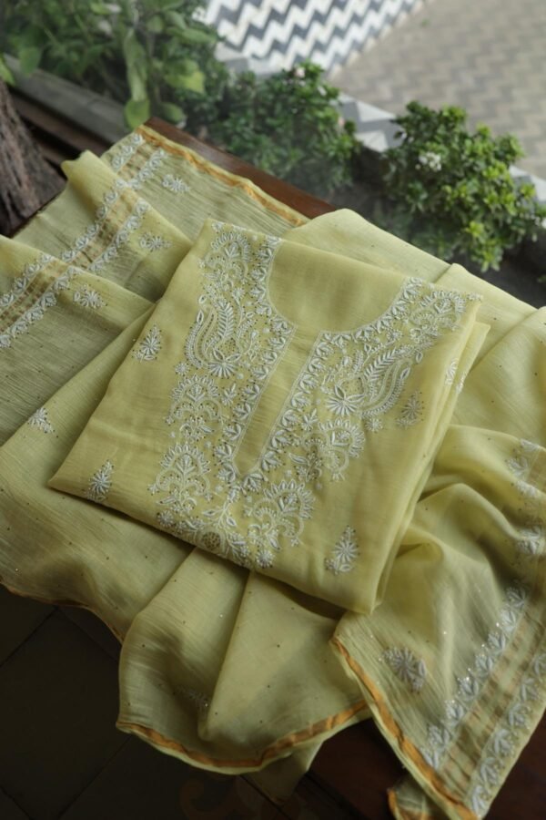 Lemon Yellow Mal Cotton Chikankari Unstitched Kurta Dupatta Fabrics With Kamdani - Image 16