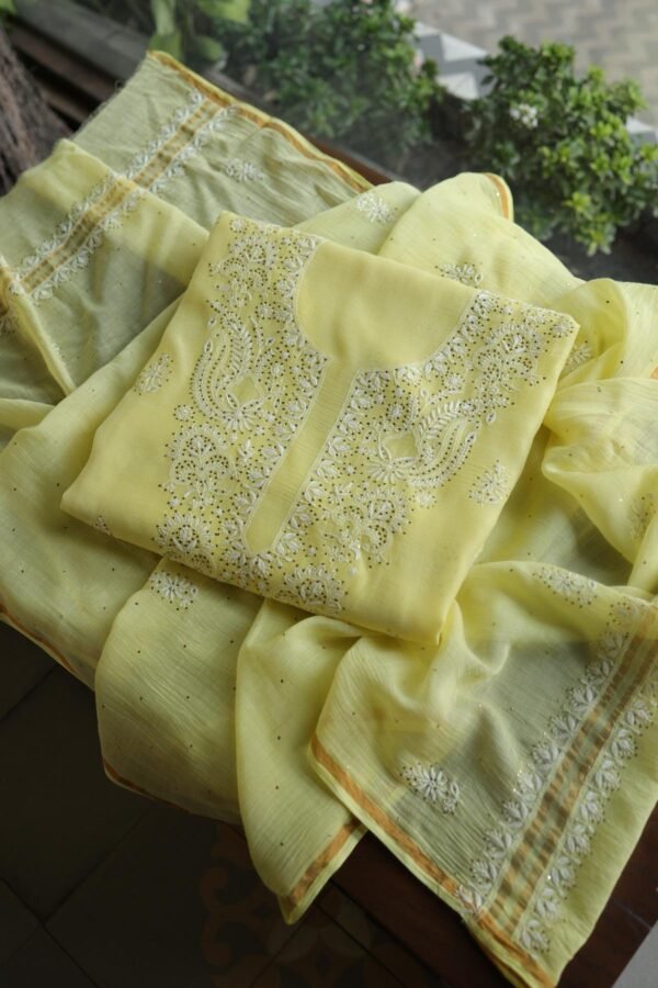 Lemon Yellow Mal Cotton Chikankari Unstitched Kurta Dupatta Fabrics With Kamdani - Image 11