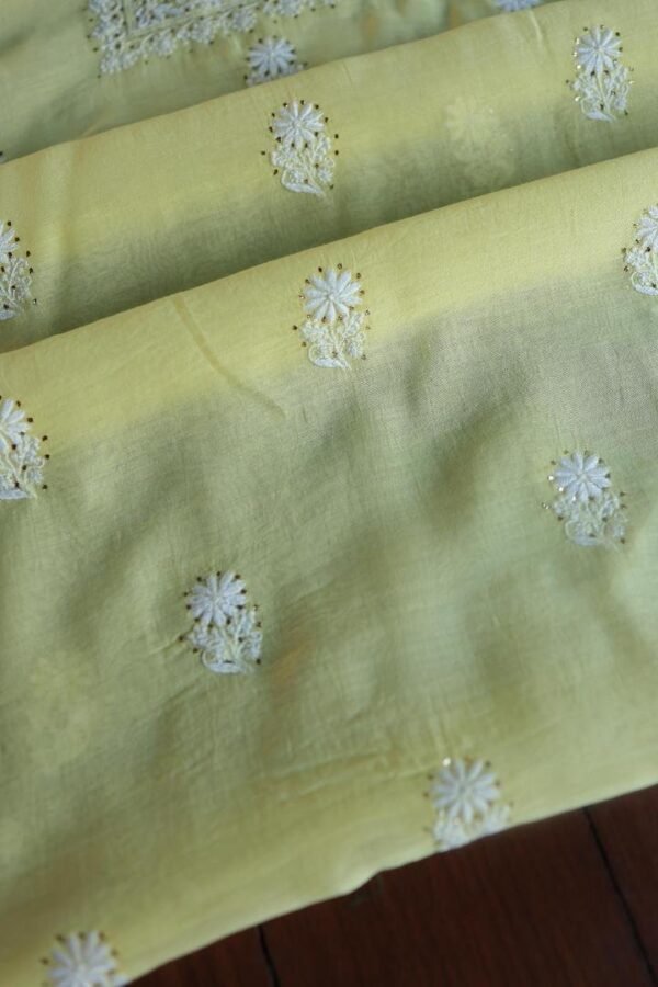 Lemon Yellow Mal Cotton Chikankari Unstitched Kurta Dupatta Fabrics With Kamdani - Image 15