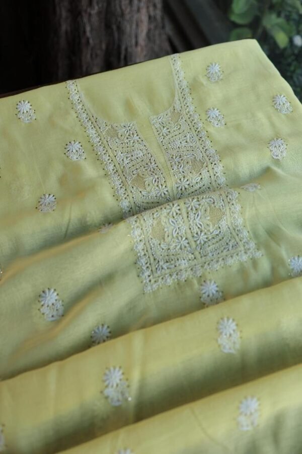 Lemon Yellow Mal Cotton Chikankari Unstitched Kurta Dupatta Fabrics With Kamdani - Image 4