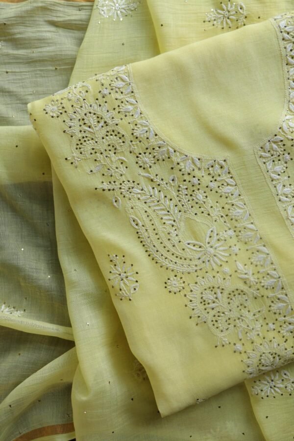 Lemon Yellow Mal Cotton Chikankari Unstitched Kurta Dupatta Fabrics With Kamdani - Image 3