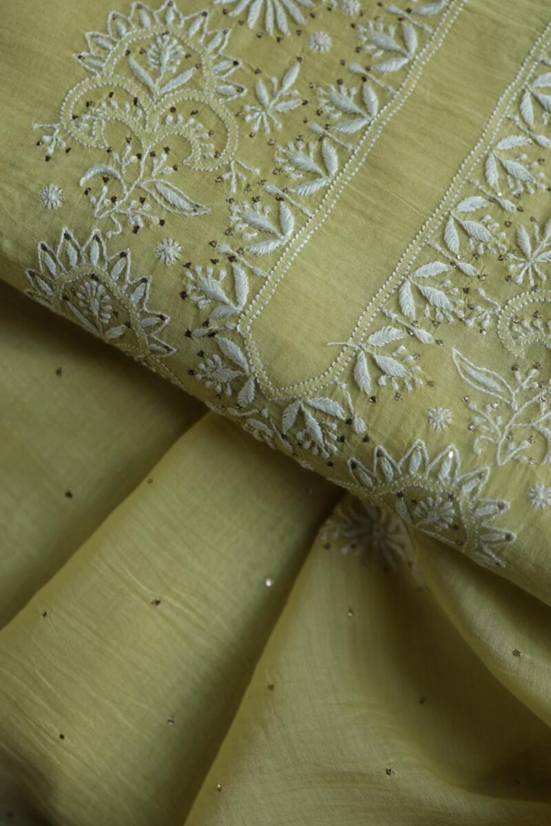Lemon Yellow Mal Cotton Chikankari Unstitched Kurta Dupatta Fabrics With Kamdani