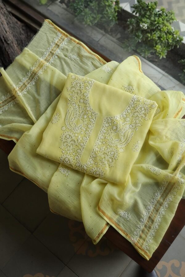 Lemon Yellow Mal Cotton Chikankari Unstitched Kurta Dupatta Fabrics With Kamdani - Image 4