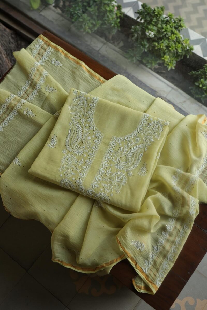 Lemon Yellow Mal Cotton Chikankari Unstitched Kurta Dupatta Fabrics With Kamdani
