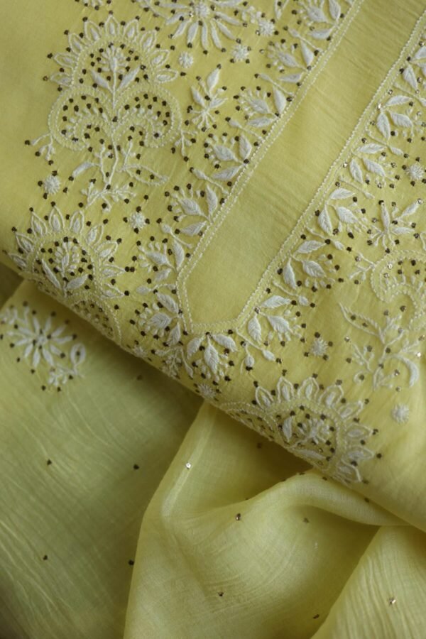 Lemon Yellow Mal Cotton Chikankari Unstitched Kurta Dupatta Fabrics With Kamdani - Image 2