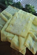 Lemon Yellow Mal Cotton Chikankari Unstitched Kurta Dupatta Fabrics With Kamdani