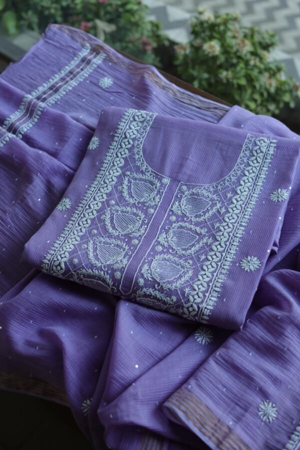 Mal Cotton Fine Chikankari With Kamdani Work Unstitched Fabric - Image 3