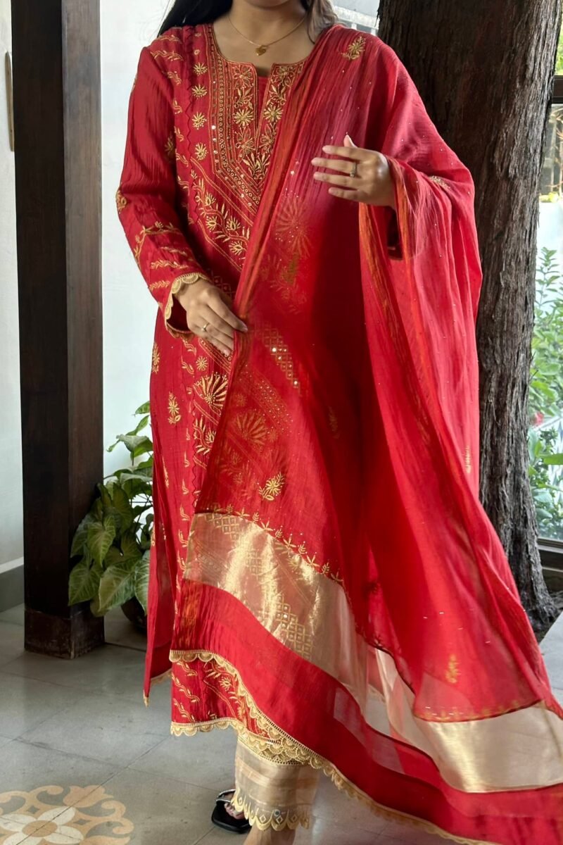 Malmal Mukaish Kamdani Chikankari Stitched Kurtas Dupatta Set