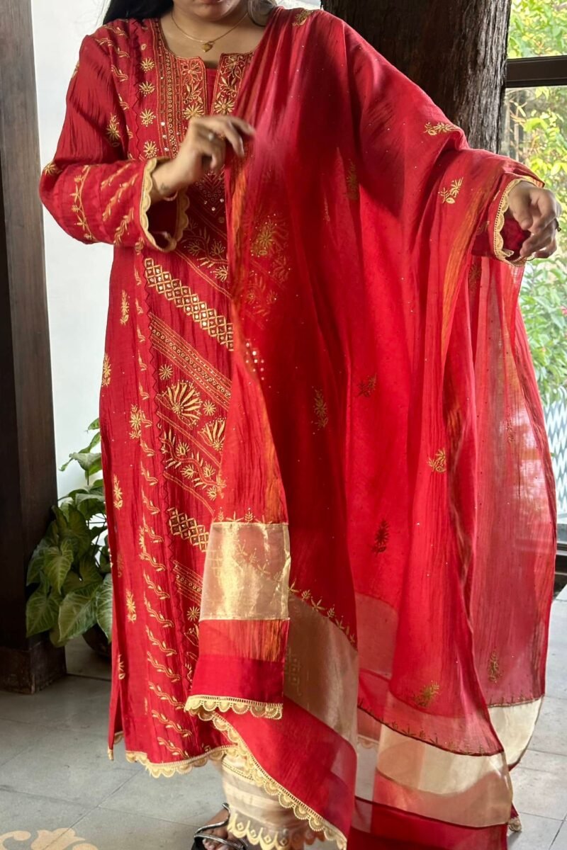 Malmal Mukaish Kamdani Chikankari Stitched Kurtas Dupatta Set
