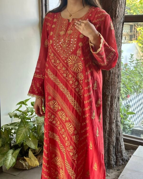 Malmal Mukaish Kamdani Chikankari Stitched Kurtas Dupatta Set - Image 4