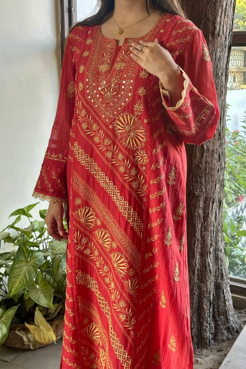 Malmal Mukaish Kamdani Chikankari Stitched Kurtas Dupatta Set
