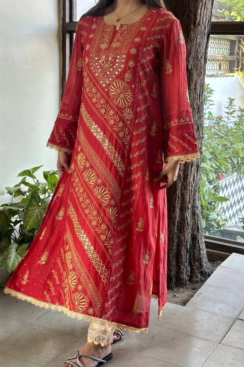 Malmal Mukaish Kamdani Chikankari Stitched Kurtas Dupatta Set