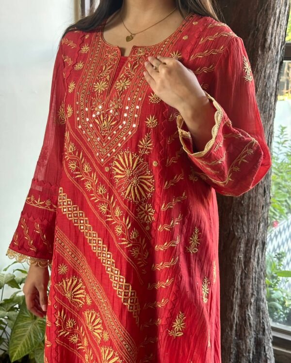 Malmal Mukaish Kamdani Chikankari Stitched Kurtas Dupatta Set