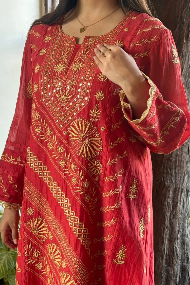 Malmal Mukaish Kamdani Chikankari Stitched Kurtas Dupatta Set