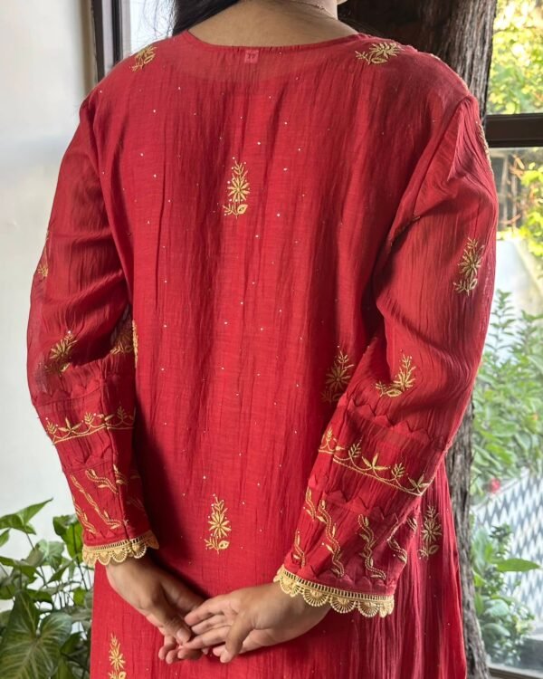 Malmal Mukaish Kamdani Chikankari Stitched Kurtas Dupatta Set - Image 7